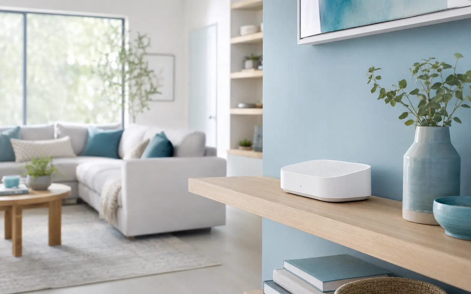 Modern connected living room with a home WiFi router